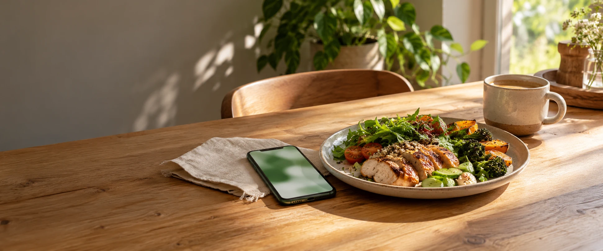 食事とコーヒー、スマートフォンが置かれた明るい食卓